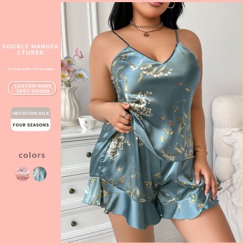 European and American Style plus size Printed Pajamas Fashion Casual Ice Silk Pajamas Home Clothes Silk Sling Home Clothes Women