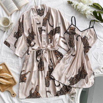Amazon Cross-border Silk Pajamas Sexy V-neck Long Sling Nightgown Two-piece Pajamas Home Clothes suit