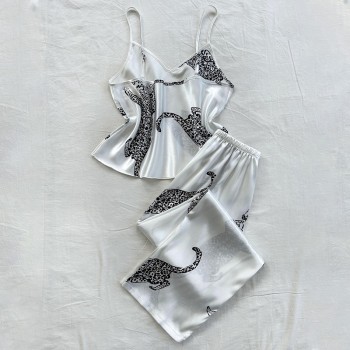 European and American Style Cross-Border Pajamas Leopard Print Camisole and Long Pants Set, Fashionable Faux Silk Loungewear Pajama Set