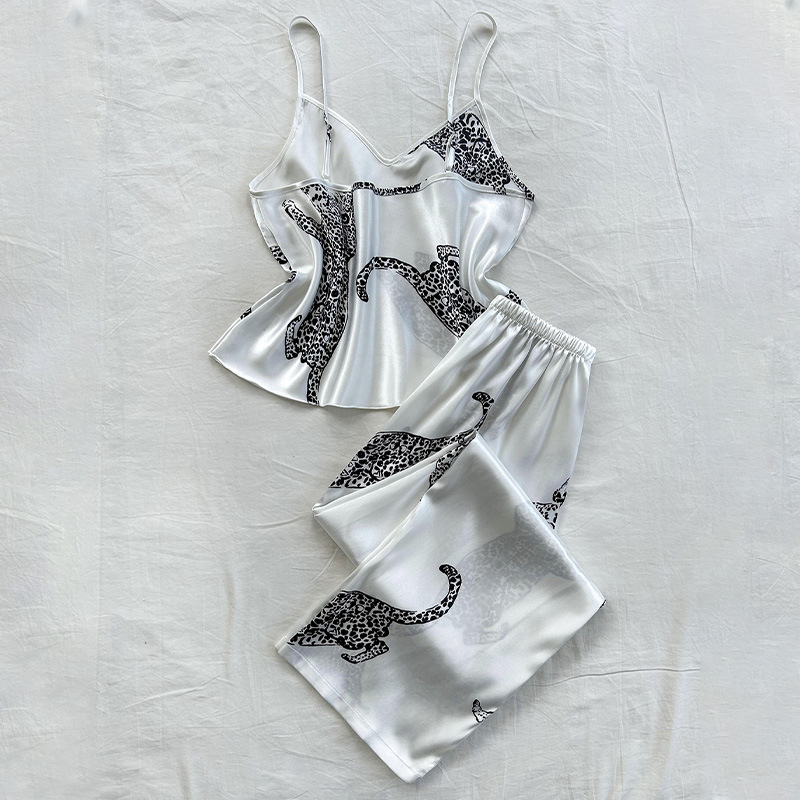 European and American Style Cross-Border Pajamas Leopard Print Camisole and Long Pants Set, Fashionable Faux Silk Loungewear Pajama Set