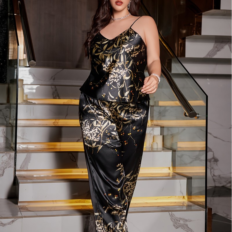 New European and American Style Imitation Silk Pajamas Set, Fashionable Printed Women’s Sexy Nightgown, Large Size Casual Home Wear