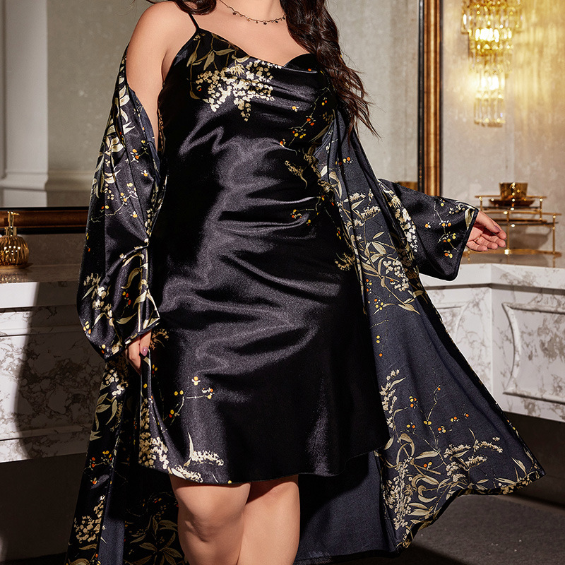 Plus Size Printed Pajamas Home Clothes Thin Outer Long Pajamas suit Lace-Up Nightgown Two-Piece Set for Women