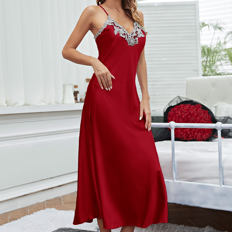 Summer comfortable imitation silk nightgown, women's sexy suspender nightgown, ice silk nightgown, long skirt, home clothing wholesale