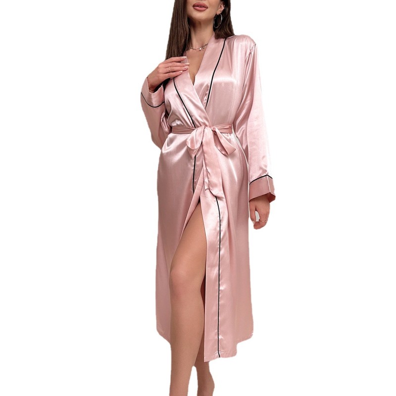 Factory in stock Long Ice Silk Nightgown Summer Thin Fashionable Simple Home Clothes Women Sexy Cardigan Bathrobe