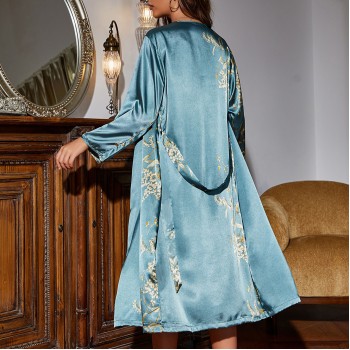 Simple Women’s Four Seasons Home Clothes Lace-Up Nightgown Nightgown Two-Piece Set Thin Outer Wear Mid-Length Pajamas Set