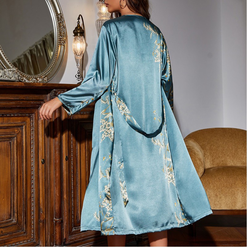 Simple Women’s Four Seasons Home Clothes Lace-Up Nightgown Nightgown Two-Piece Set Thin Outer Wear Mid-Length Pajamas Set