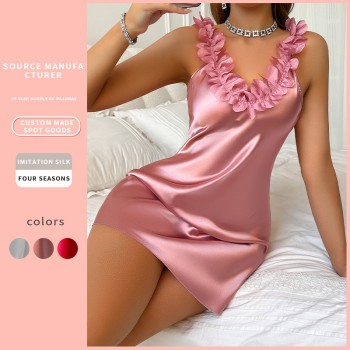 European and American Style Pajamas Cross-Border Wholesale Underwear Sexy Imitation Silk Suspender Nightgown Ice Silk Suspender Pajamas Suspender Nightgown
