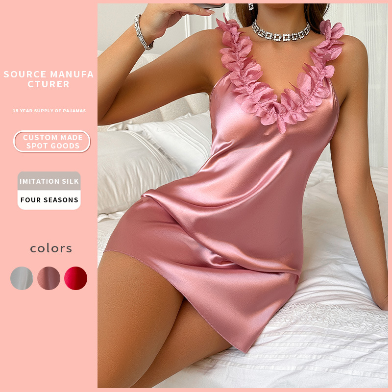 European and American Style Pajamas Cross-Border Wholesale Underwear Sexy Imitation Silk Suspender Nightgown Ice Silk Suspender Pajamas Suspender Nightgown