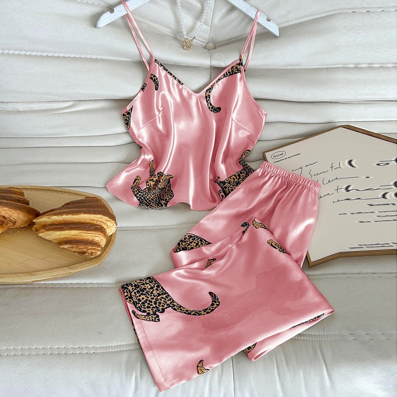 European and American Style Cross-Border Pajamas Leopard Print Camisole and Long Pants Set, Fashionable Faux Silk Loungewear Pajama Set