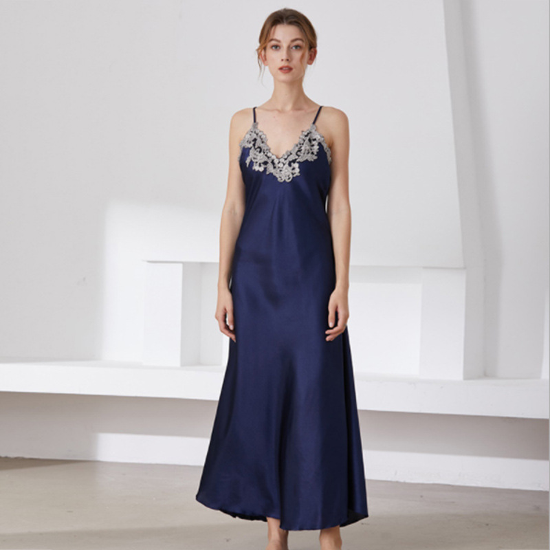Simulated Silk Pajamas for Women, Lace Sexy V-Neck Long Suspender Nightgown, Pajamas, Home Clothes, Drop Shipping