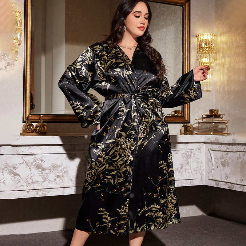 European and American Style Spring and Summer Cross-Border Printed Bathrobe for Women, Sexy and Fashionable Imitation Silk Nightgown, Fashionable and Casual Home Wear