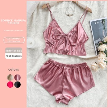 European and American Style Cross-Border New Imitation Silk Lingerie, Sexy Loungewear, Ice Silk Pajamas, Women’s Camisole, Belly Wrap, Shorts Set