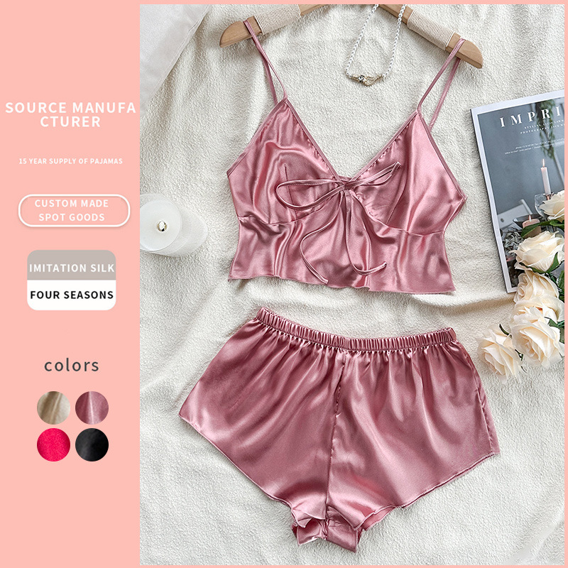 European and American Style Cross-Border New Imitation Silk Lingerie, Sexy Loungewear, Ice Silk Pajamas, Women’s Camisole, Belly Wrap, Shorts Set