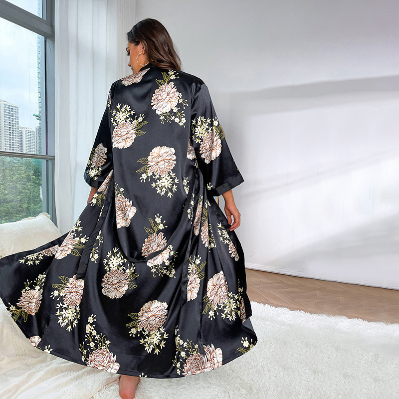 Cross-Border Plus Size Pajamas for Women, Fashionable Casual Loose Printed Pajamas, Long Faux Silk Sexy Nightgown