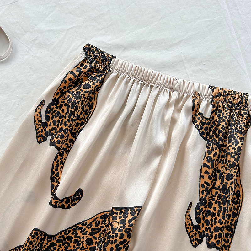 European and American Style Cross-Border Pajamas Leopard Print Camisole and Long Pants Set, Fashionable Faux Silk Loungewear Pajama Set
