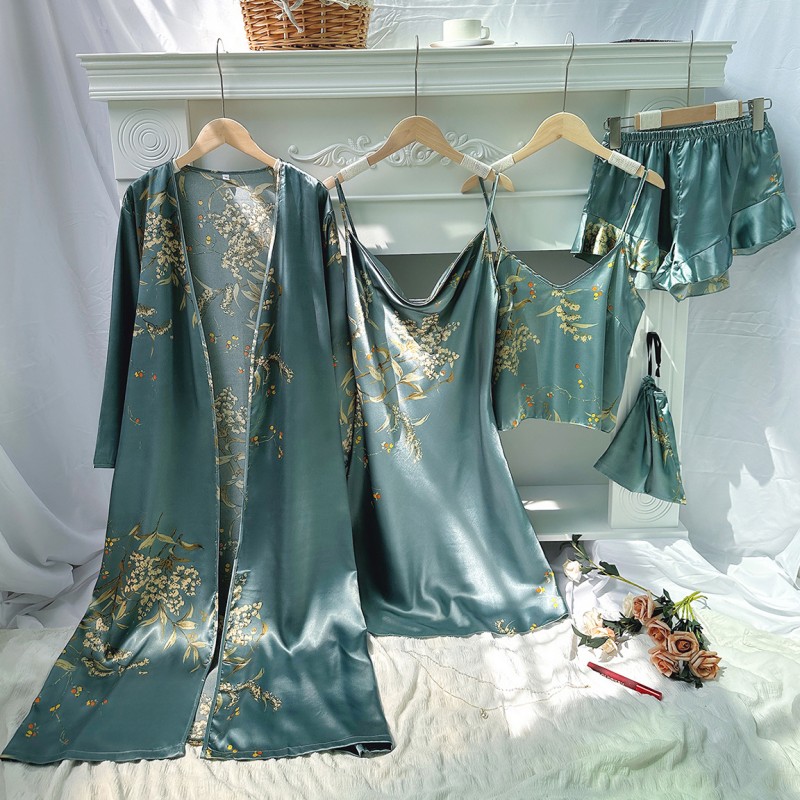 Homewear Simple Five-Piece Printed Cherry Pajamas Women’s Thin Nightgown Suspender Shorts Suspender Skirt Suit