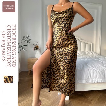 Ice Silk Slip Skirt Summer Thin Breathable Silk Sexy Leopard Pajamas Women’s Backless Slip Slip Nightgown