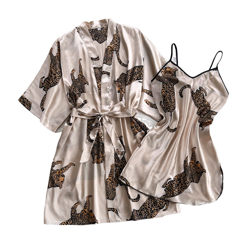 Amazon Cross-border Silk Pajamas Sexy V-neck Long Sling Nightgown Two-piece Pajamas Home Clothes suit