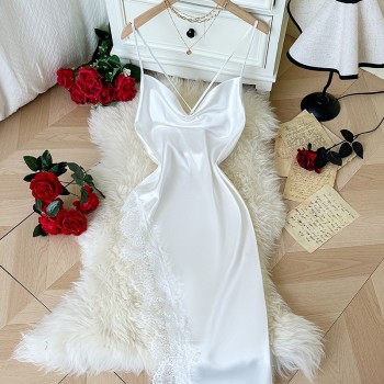 European and American Style Fashionable Sexy Nightgown Backless Slim Women’s Home Wear Suspender Dress Lace Nightgown