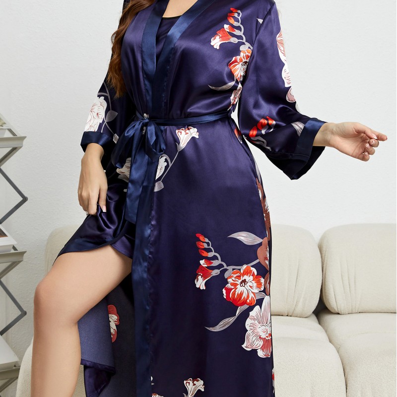 Cross-Border Plus Size Pajamas for Women, Fashionable Casual Loose Printed Pajamas, Long Faux Silk Sexy Nightgown