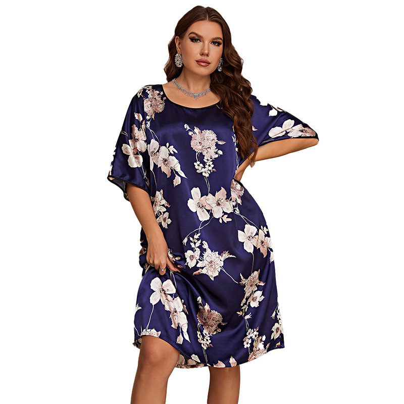 Cross-border Large Size Pajamas Women’s Mid-length Printed Pullover Dress Summer New Home Clothes Silk Ice Silk Nightgown