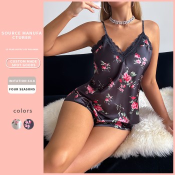 Printed Ice Silk Pajamas Set Sexy Suspender Shorts Two-Piece Set Casual Thin Home Clothes