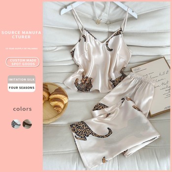 European and American Style Cross-Border Pajamas Leopard Print Camisole and Long Pants Set, Fashionable Faux Silk Loungewear Pajama Set