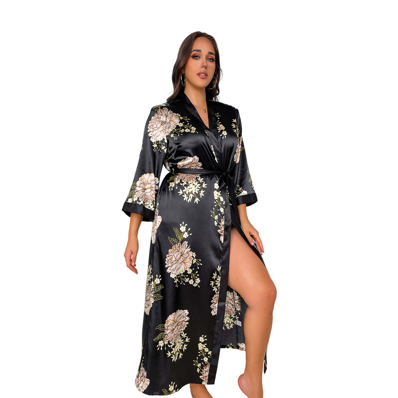 Cross-Border Plus Size Pajamas for Women, Fashionable Casual Loose Printed Pajamas, Long Faux Silk Sexy Nightgown