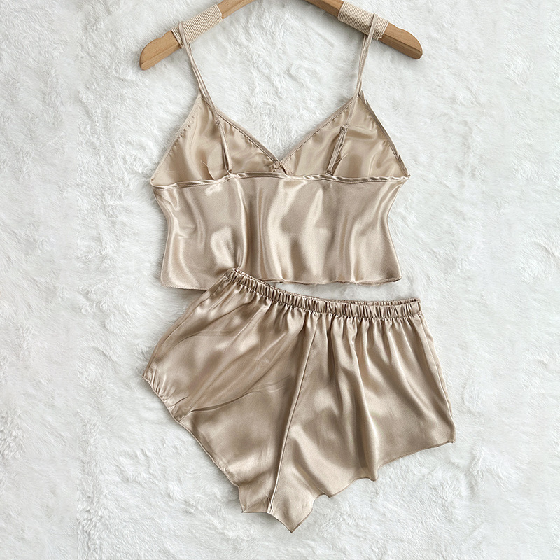 European and American Style Cross-Border New Imitation Silk Lingerie, Sexy Loungewear, Ice Silk Pajamas, Women’s Camisole, Belly Wrap, Shorts Set