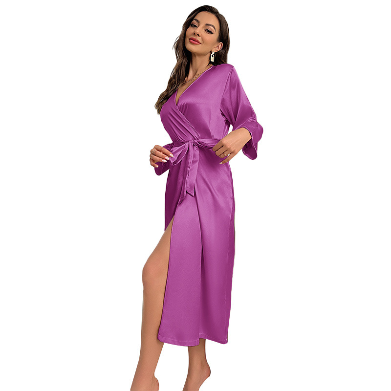 Dannilin Summer Sexy Silk Nightgown Women’s Long-sleeved Long Lace-up Bathrobe Morning Gown Fashionable Casual Home Clothes