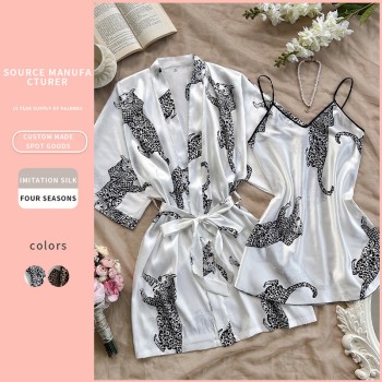Amazon Cross-border Silk Pajamas Sexy V-neck Long Sling Nightgown Two-piece Pajamas Home Clothes suit