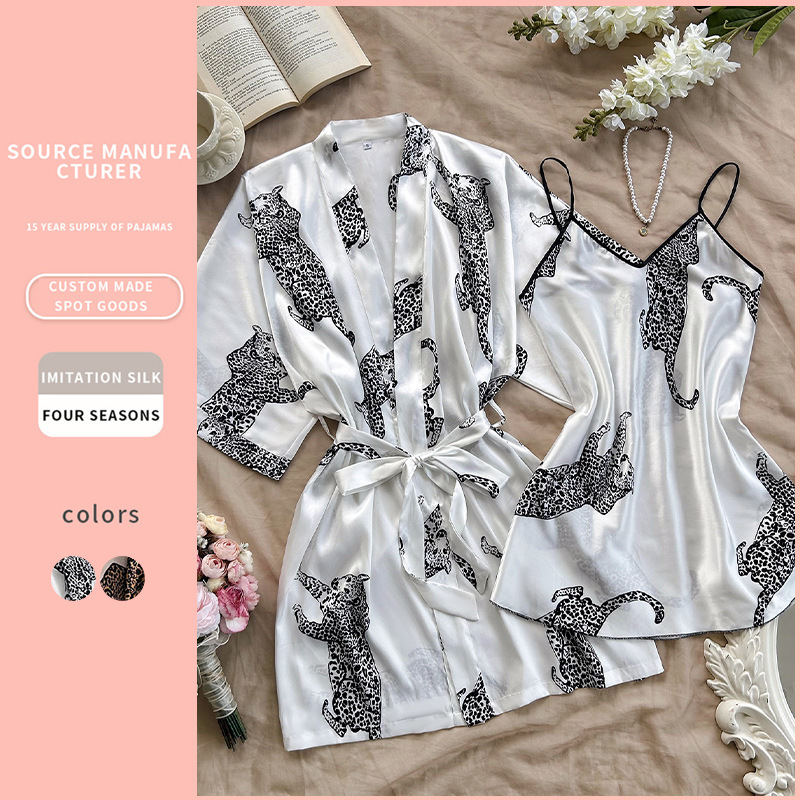 Amazon Cross-border Silk Pajamas Sexy V-neck Long Sling Nightgown Two-piece Pajamas Home Clothes suit