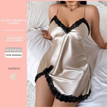 plus size Women’s Backless Sexy Slip Skirt Imitation Silk Nightgown Casual Loose Home Wear Thin Ice Silk Pajamas