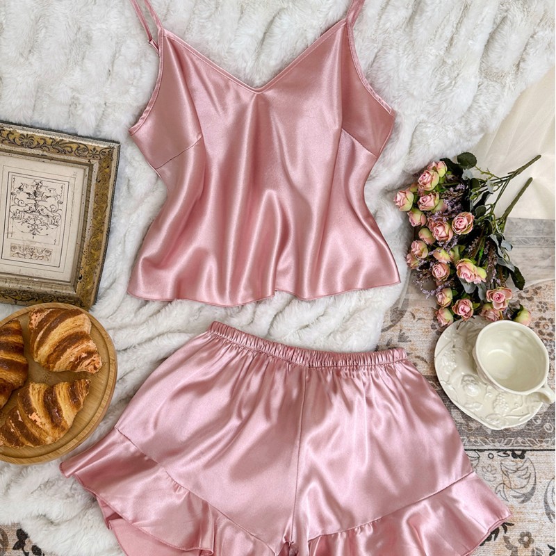 Dannilin Ice Silk Pajamas Women’s Sexy Sling Shorts Two-Piece Set Home Clothes Summer Silk Nightgown
