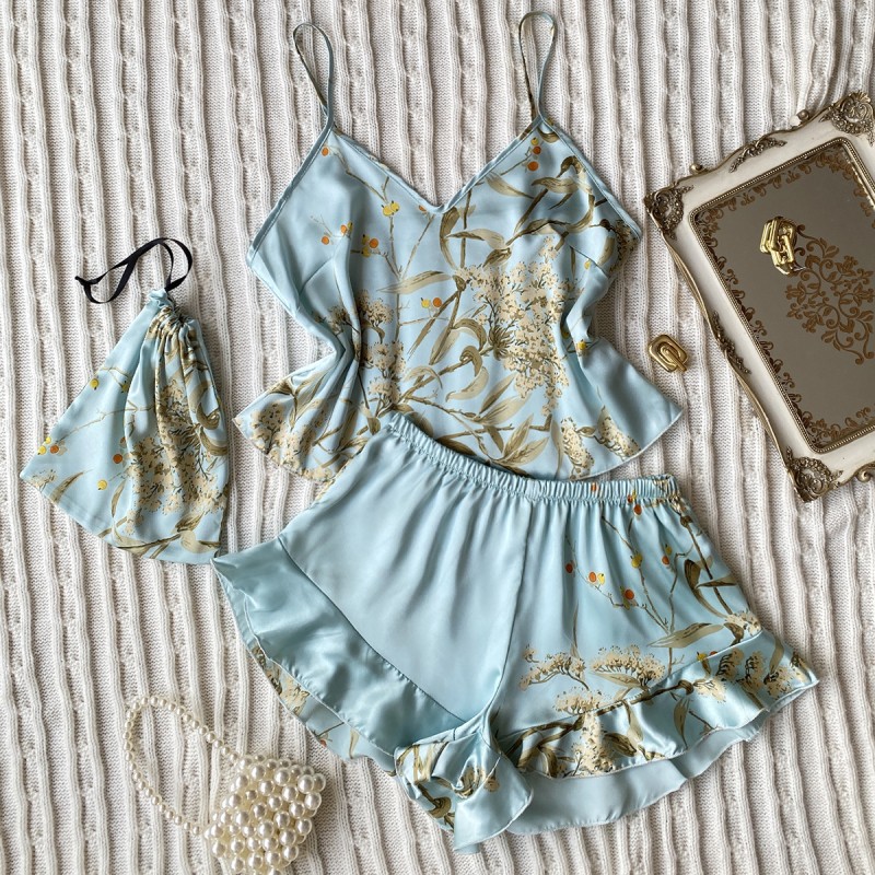 Danny Linchun Summer Silk Pajamas Two-Piece Set Fashion Printed Shorts Home Clothes suit Sexy Slip Skirt