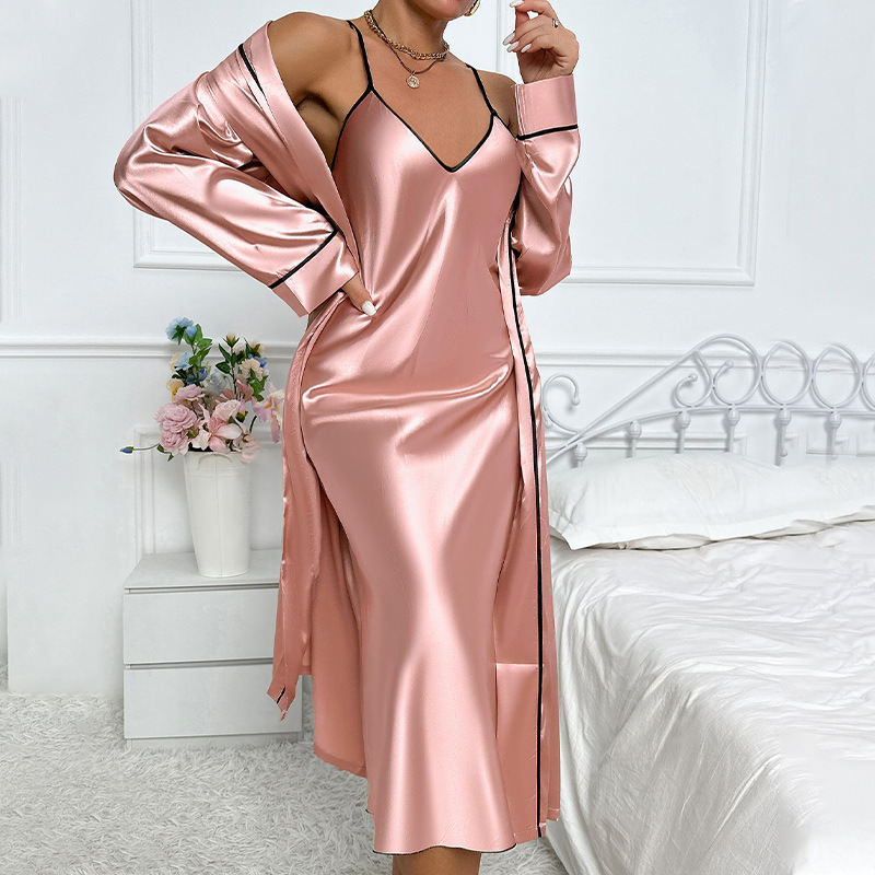 New Ice Silk Nightgown Women’s Sexy Outer-Wearing Home Clothes Imitation Silk Cardigan Lace-Up Slip Skirt suit