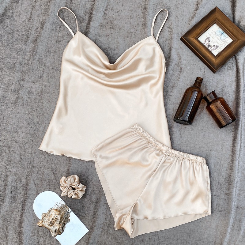 New Solid Color Ice Silk Pajamas for Women, Thin Home Suspender Shorts Set, Sexy and Light Two-Piece Home Clothes