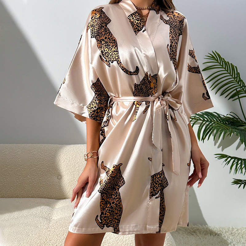 Denilin Cross-border Sexy Casual Home Clothes Simple Fashion Cardigan Lace-up Bathrobe Women’s Silk Nightgown Pajamas