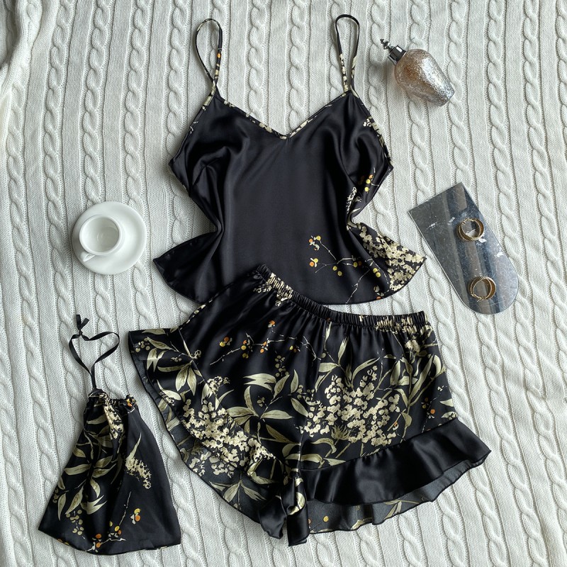 Danny Linchun Summer Silk Pajamas Two-Piece Set Fashion Printed Shorts Home Clothes suit Sexy Slip Skirt
