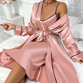 New Ice Silk Nightgown Women’s Sexy Outer-Wearing Home Clothes Imitation Silk Cardigan Lace-Up Slip Skirt suit