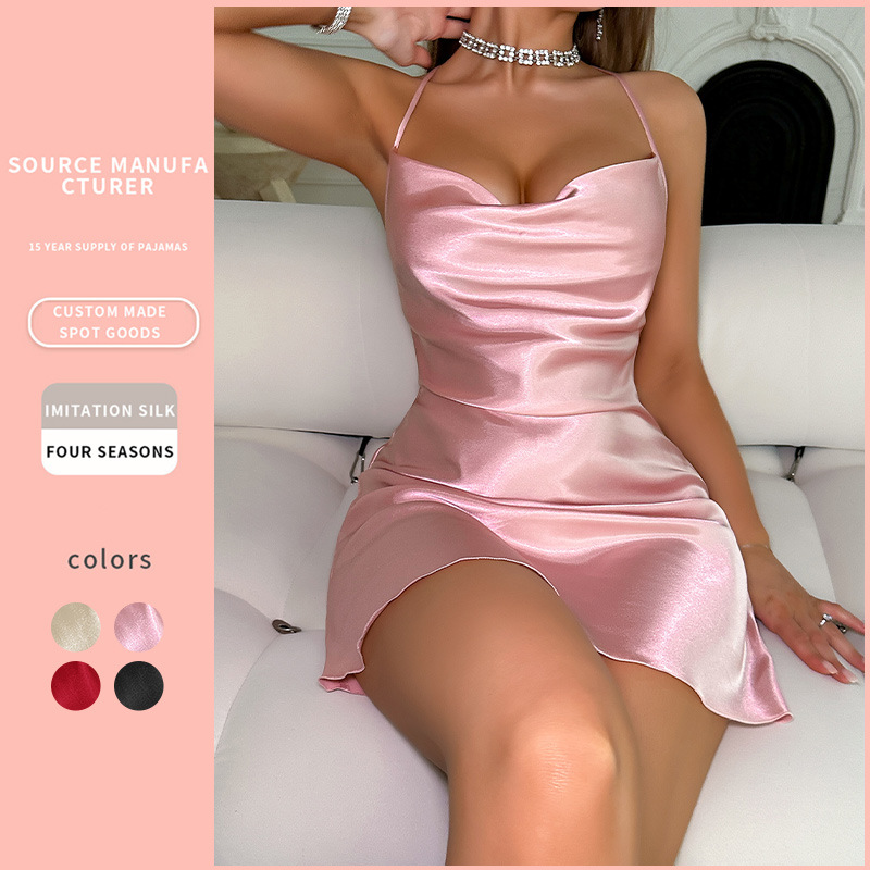 Dannilin cross-border suspender skirt fashion ice silk silk nightgown imitation silk sexy casual backless suspender nightgown women