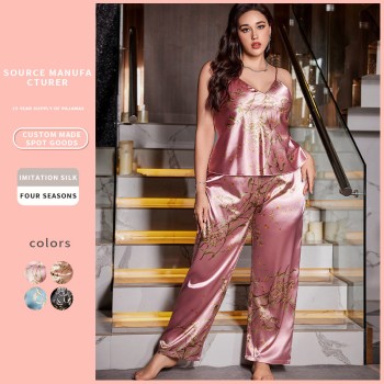 New European and American Style Imitation Silk Pajamas Set, Fashionable Printed Women’s Sexy Nightgown, Large Size Casual Home Wear