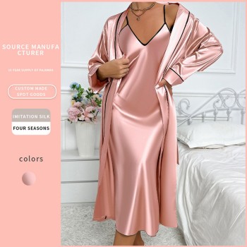 New Ice Silk Nightgown Women’s Sexy Outer-Wearing Home Clothes Imitation Silk Cardigan Lace-Up Slip Skirt suit