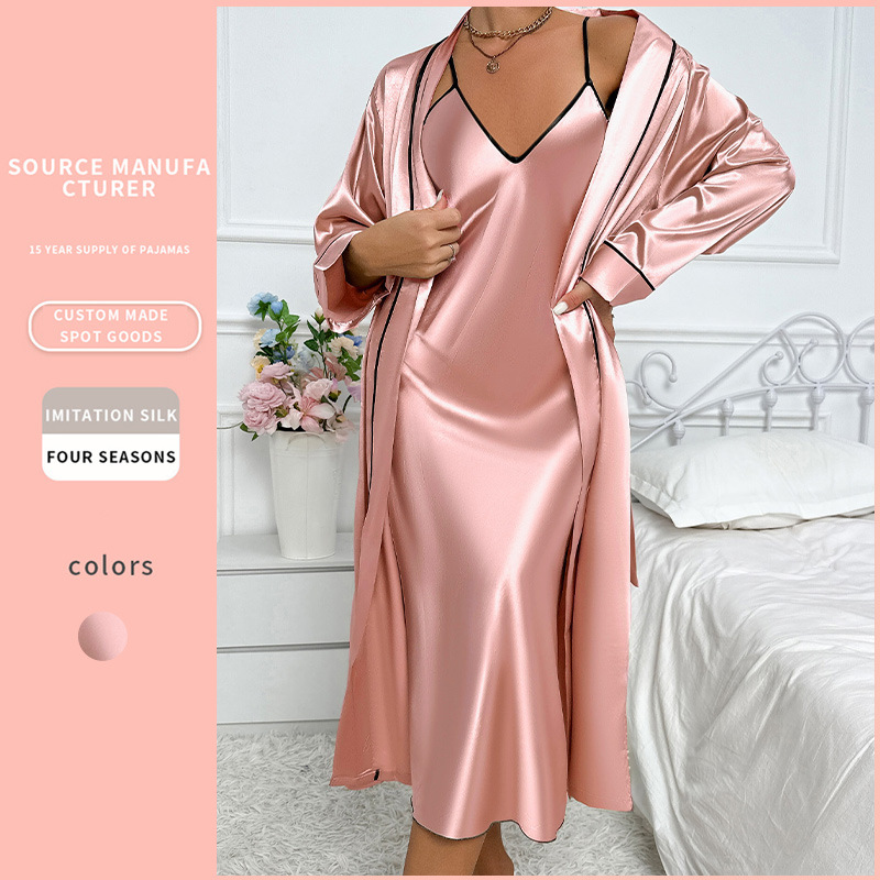 New Ice Silk Nightgown Women’s Sexy Outer-Wearing Home Clothes Imitation Silk Cardigan Lace-Up Slip Skirt suit