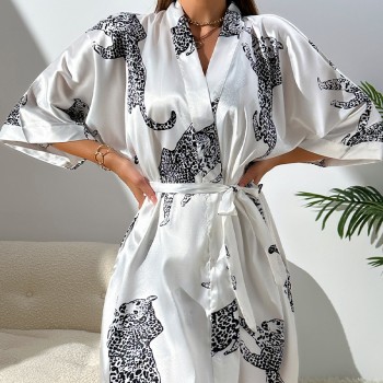 Denilin Cross-border Sexy Casual Home Clothes Simple Fashion Cardigan Lace-up Bathrobe Women’s Silk Nightgown Pajamas