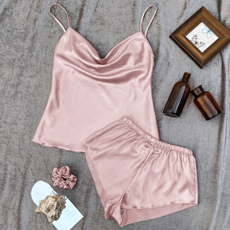 New Solid Color Ice Silk Pajamas for Women, Thin Home Suspender Shorts Set, Sexy and Light Two-Piece Home Clothes