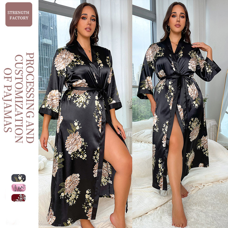 Cross-Border Plus Size Pajamas for Women, Fashionable Casual Loose Printed Pajamas, Long Faux Silk Sexy Nightgown