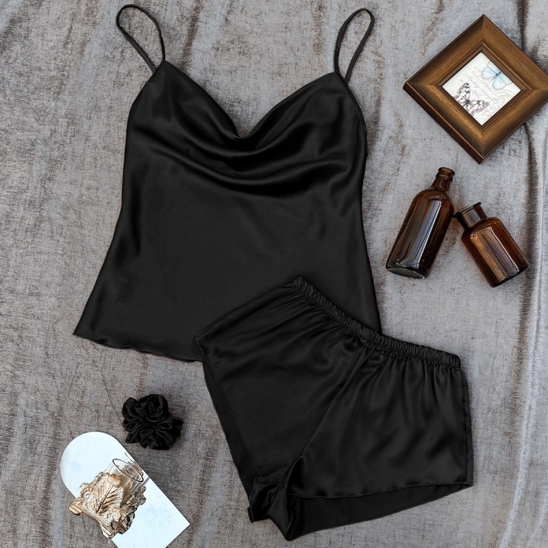 New Solid Color Ice Silk Pajamas for Women, Thin Home Suspender Shorts Set, Sexy and Light Two-Piece Home Clothes