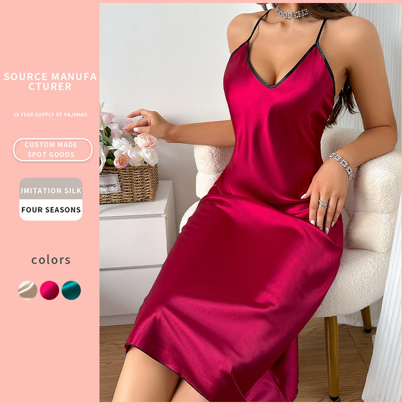 Cross-Border Amazon Suspender Nightgown Thin Simulated Silk Home Clothes European and American Style Feminine Backless Suspender Skirt