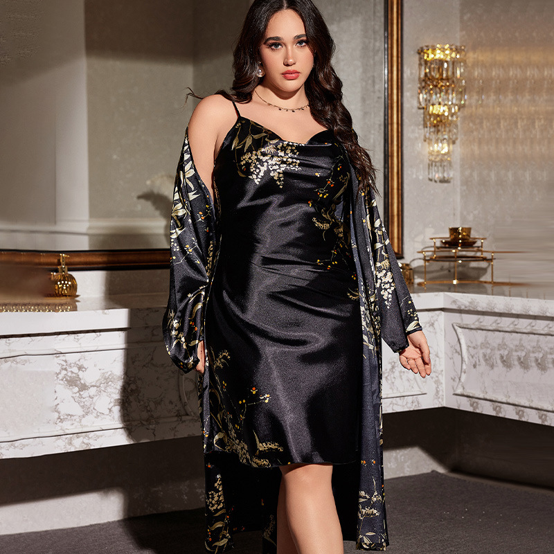 Plus Size Printed Pajamas Home Clothes Thin Outer Long Pajamas suit Lace-Up Nightgown Two-Piece Set for Women